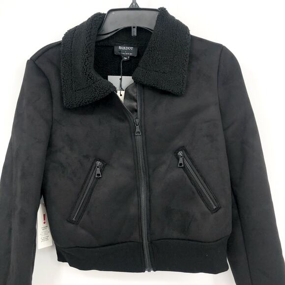BARDOT Women's Shearling Bomber Jacket Small US 4 Black Faux Suede Cropped NWT - Picture 6 of 15